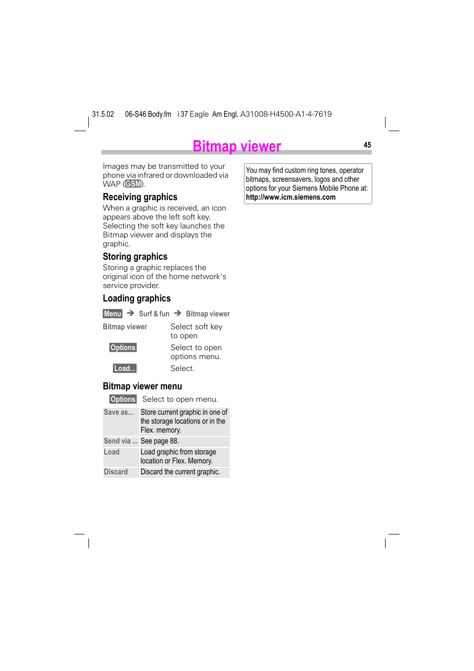 Bitmap viewer, Receiving graphics, Storing graphics | Loading graphics, Bitmap viewer menu | Siemens GSM 900 User Manual | Page 50 / 115