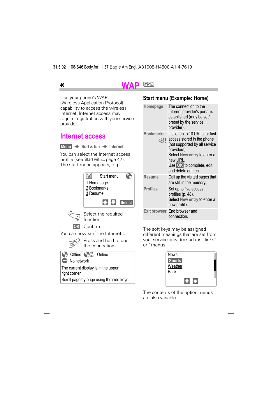 Internet access, Start menu (example: home) | Siemens GSM 900 User Manual | Page 51 / 115