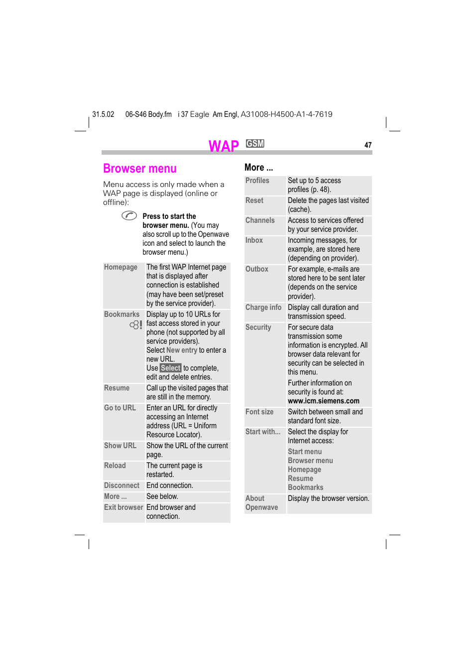 Browser menu, Zmore | Siemens GSM 900 User Manual | Page 52 / 115