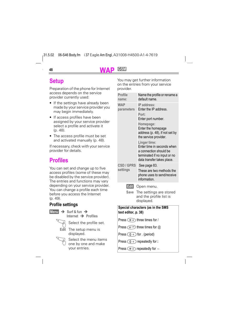 Setup, Profiles, Setup profiles | Profile settings | Siemens GSM 900 User Manual | Page 53 / 115