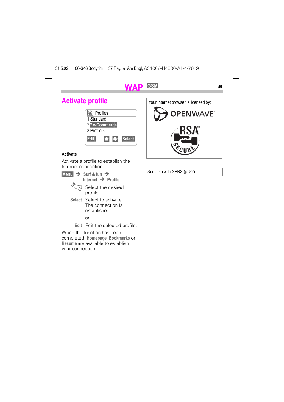 P. 49), Activate profile | Siemens GSM 900 User Manual | Page 54 / 115