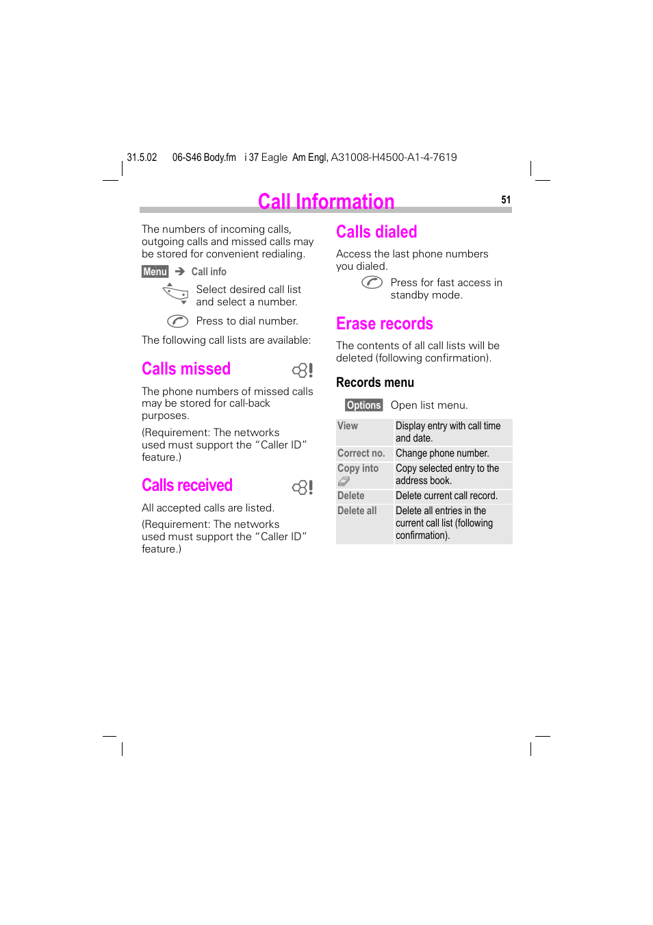 Call information, Calls missed, Calls received | Calls dialed, Erase records | Siemens GSM 900 User Manual | Page 56 / 115