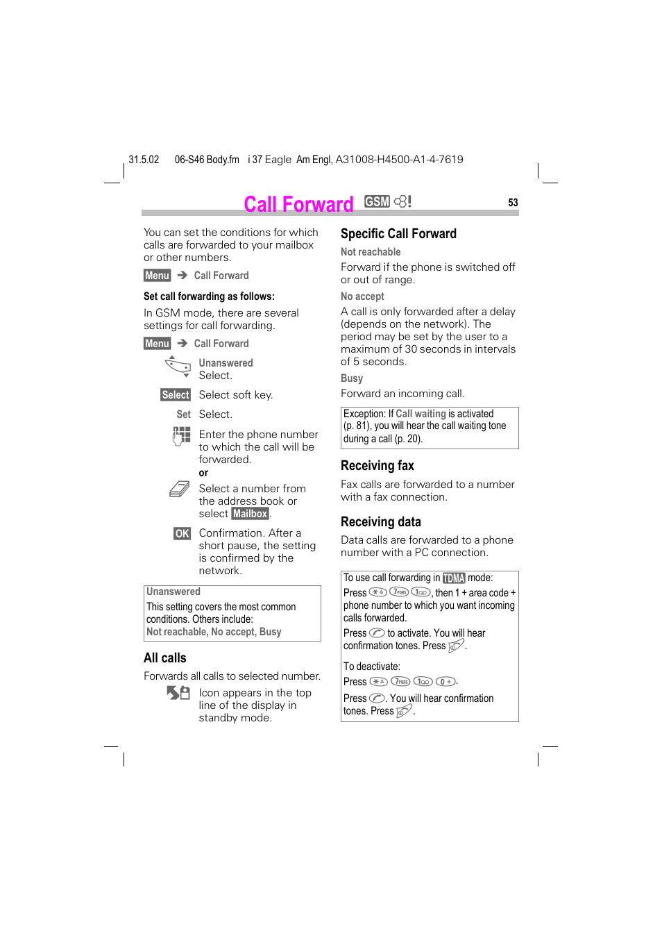 Call forward, P. 53), Ed (p. 53) | All calls, Specific call forward, Receiving fax, Receiving data | Siemens GSM 900 User Manual | Page 58 / 115