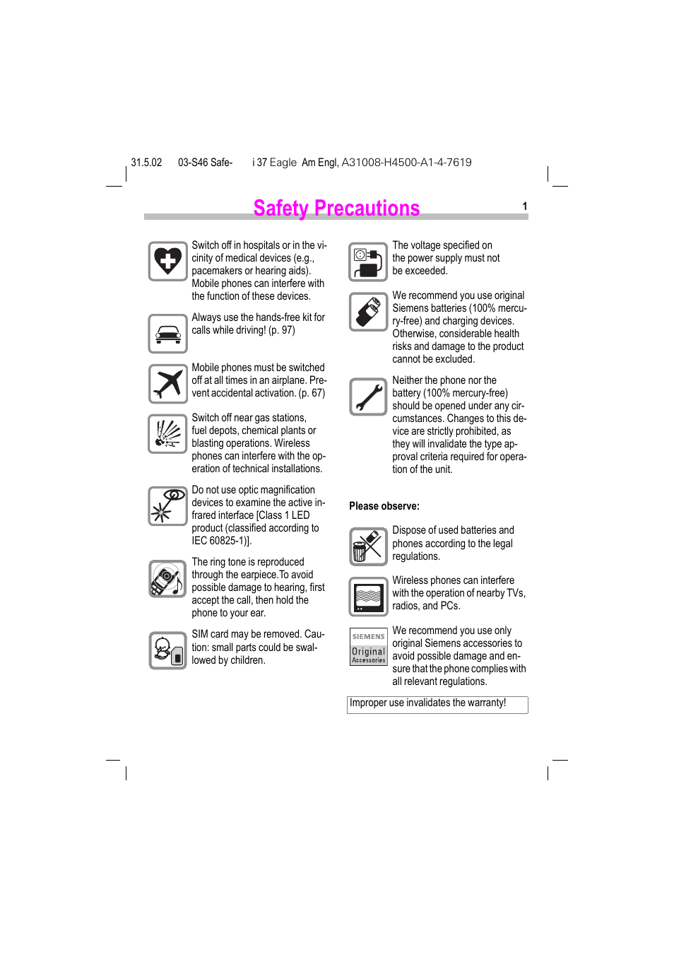 Safety precautions | Siemens GSM 900 User Manual | Page 6 / 115