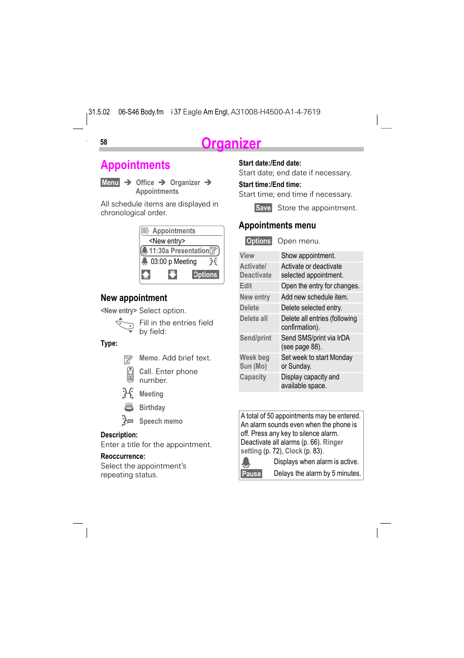 Appointments, Organizer | Siemens GSM 900 User Manual | Page 63 / 115