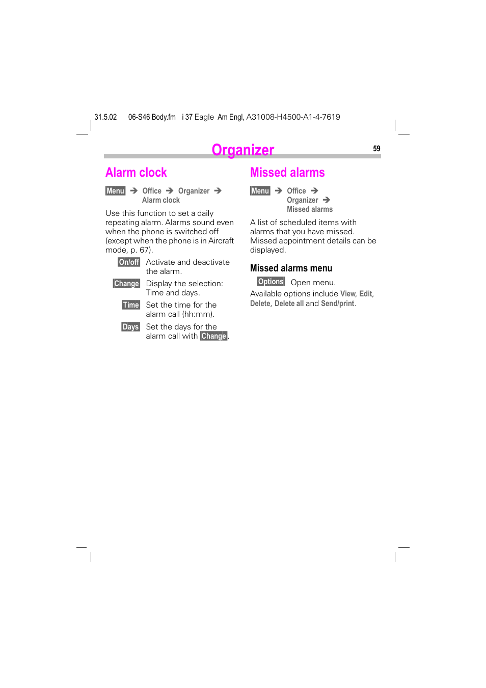 Alarm clock, Missed alarms, Alarm clock missed alarms | Organizer, Missed alarms menu | Siemens GSM 900 User Manual | Page 64 / 115