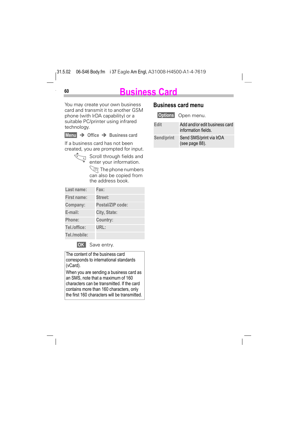 Business card, Business card menu | Siemens GSM 900 User Manual | Page 65 / 115