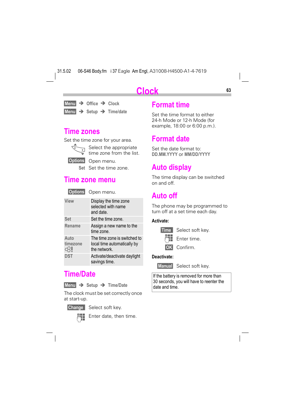 Clock, Time zones, Time zone menu | Time/date, Format time, Format date, Auto off, Format time format date auto off, P. 63), Auto display | Siemens GSM 900 User Manual | Page 68 / 115