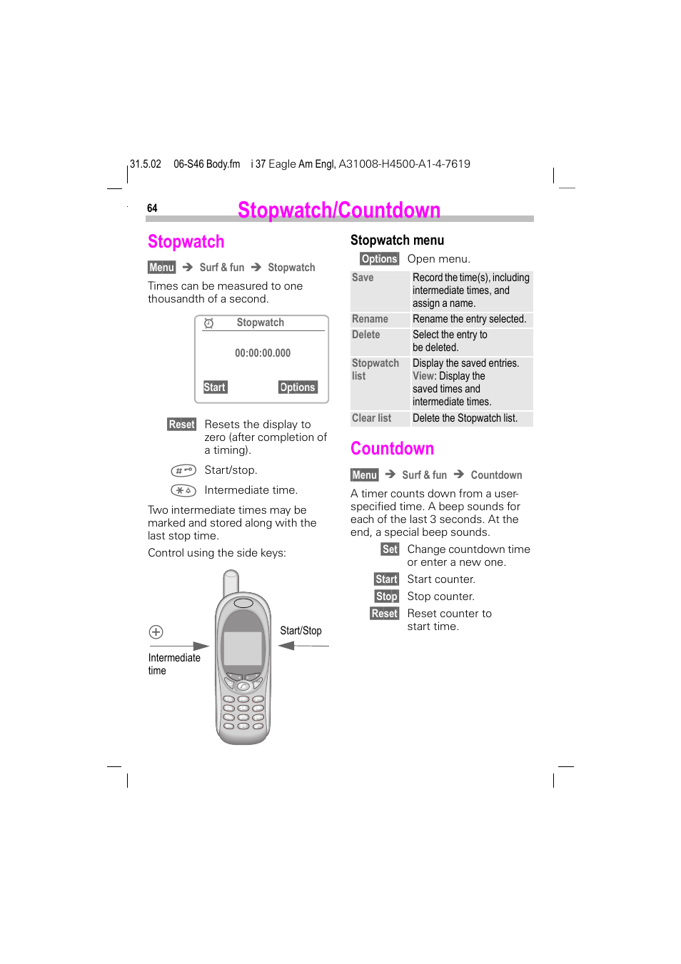 Stopwatch/countdown, Stopwatch, Countdown | Stopwatch menu | Siemens GSM 900 User Manual | Page 69 / 115