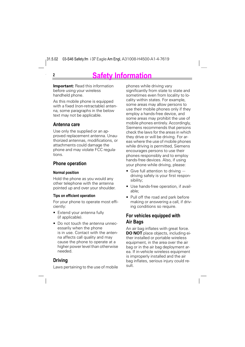 Safety information, Antenna care, Phone operation | Driving, For vehicles equipped with air bags | Siemens GSM 900 User Manual | Page 7 / 115