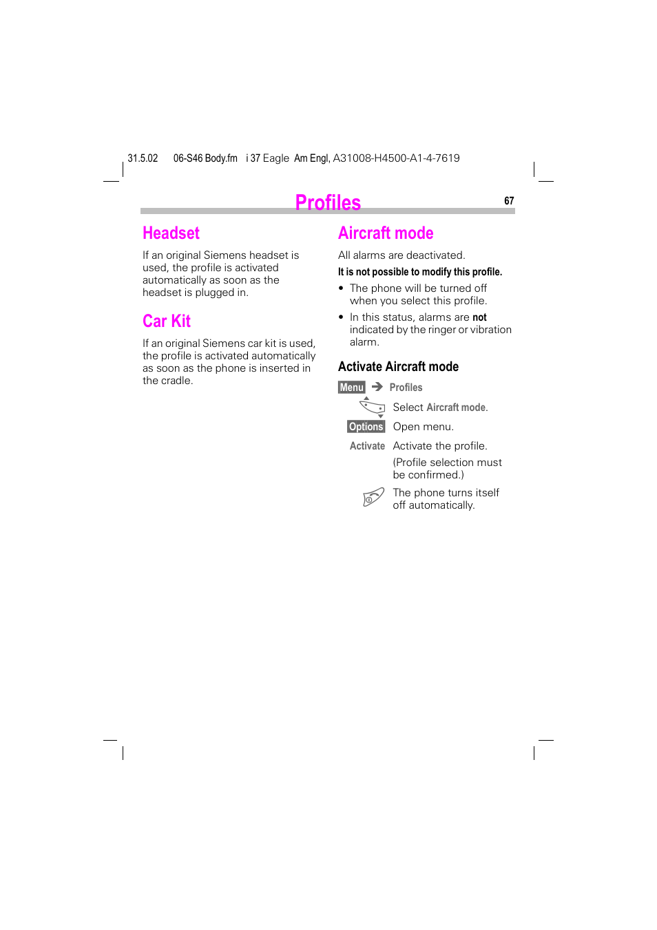 Headset, Car kit, Aircraft mode | Headset car kit aircraft mode, P. 67), Profiles | Siemens GSM 900 User Manual | Page 72 / 115