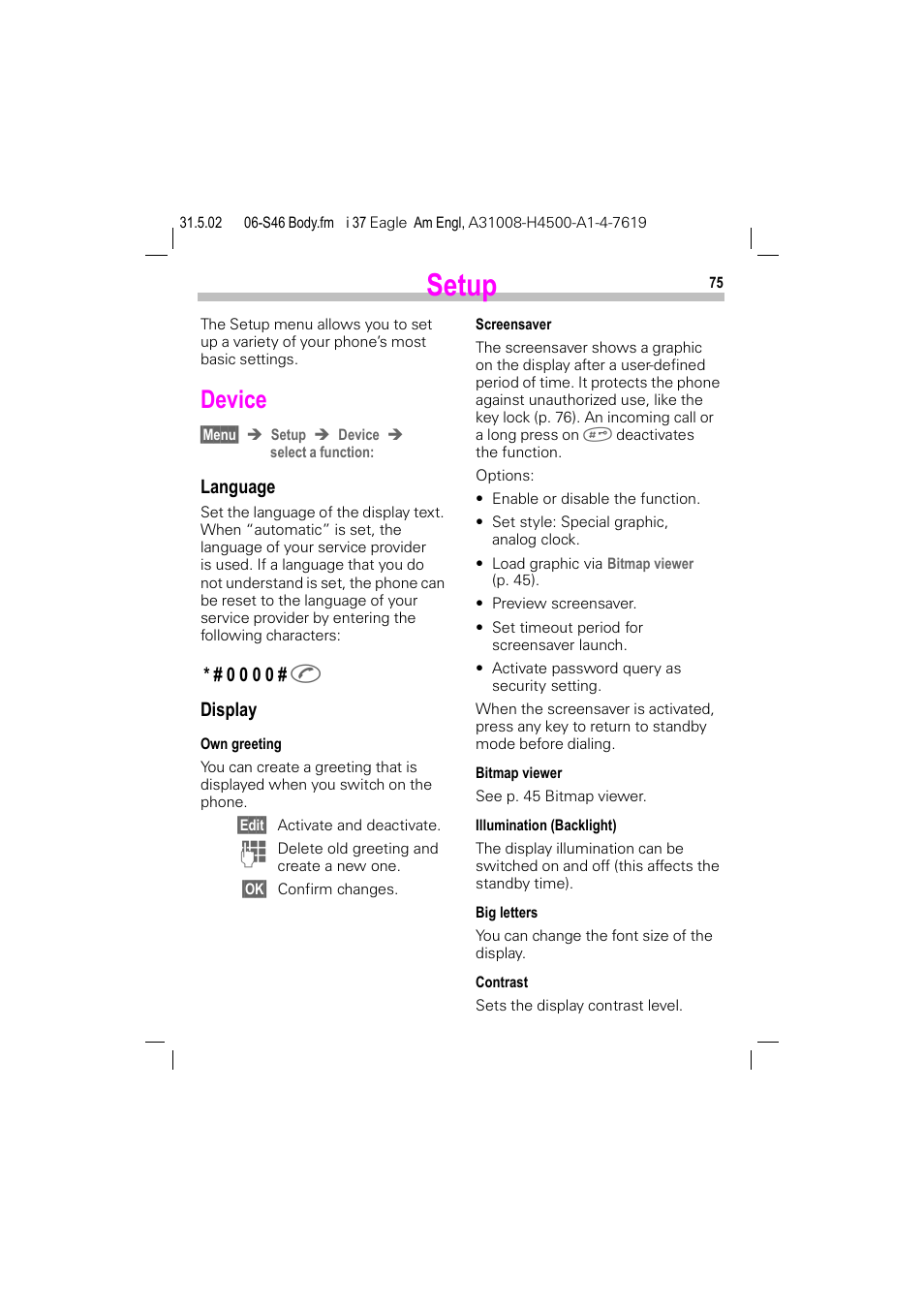 Setup, Device, P. 75) | P. 75, Language, Display | Siemens GSM 900 User Manual | Page 80 / 115