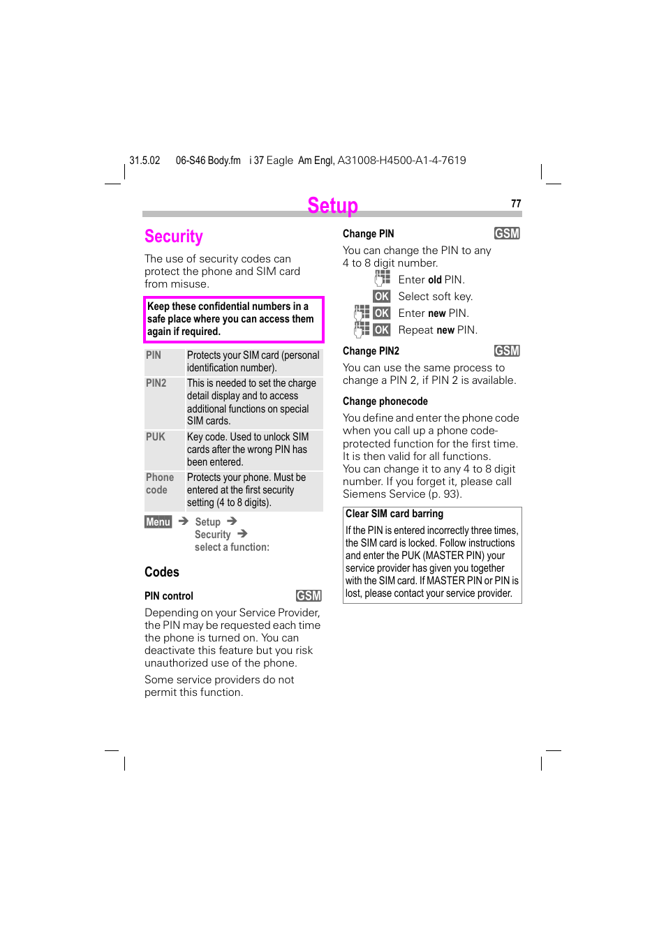 Security, Tup chapter (p. 77), Setup | Codes | Siemens GSM 900 User Manual | Page 82 / 115