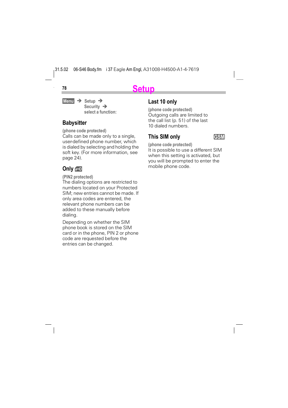 Setup | Siemens GSM 900 User Manual | Page 83 / 115