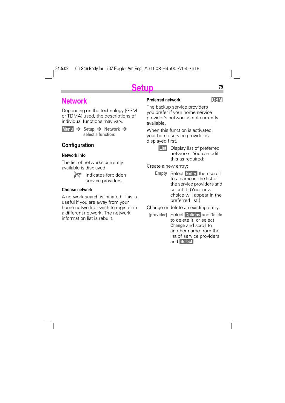 Network, Setup, Configuration | Siemens GSM 900 User Manual | Page 84 / 115