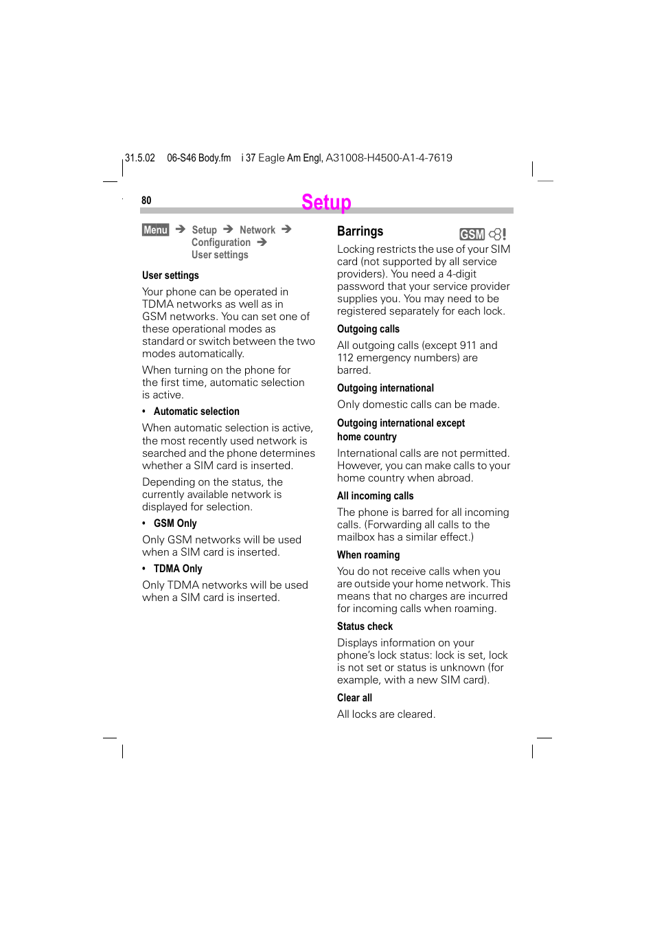 P. 80), Setup, Barrings | Siemens GSM 900 User Manual | Page 85 / 115