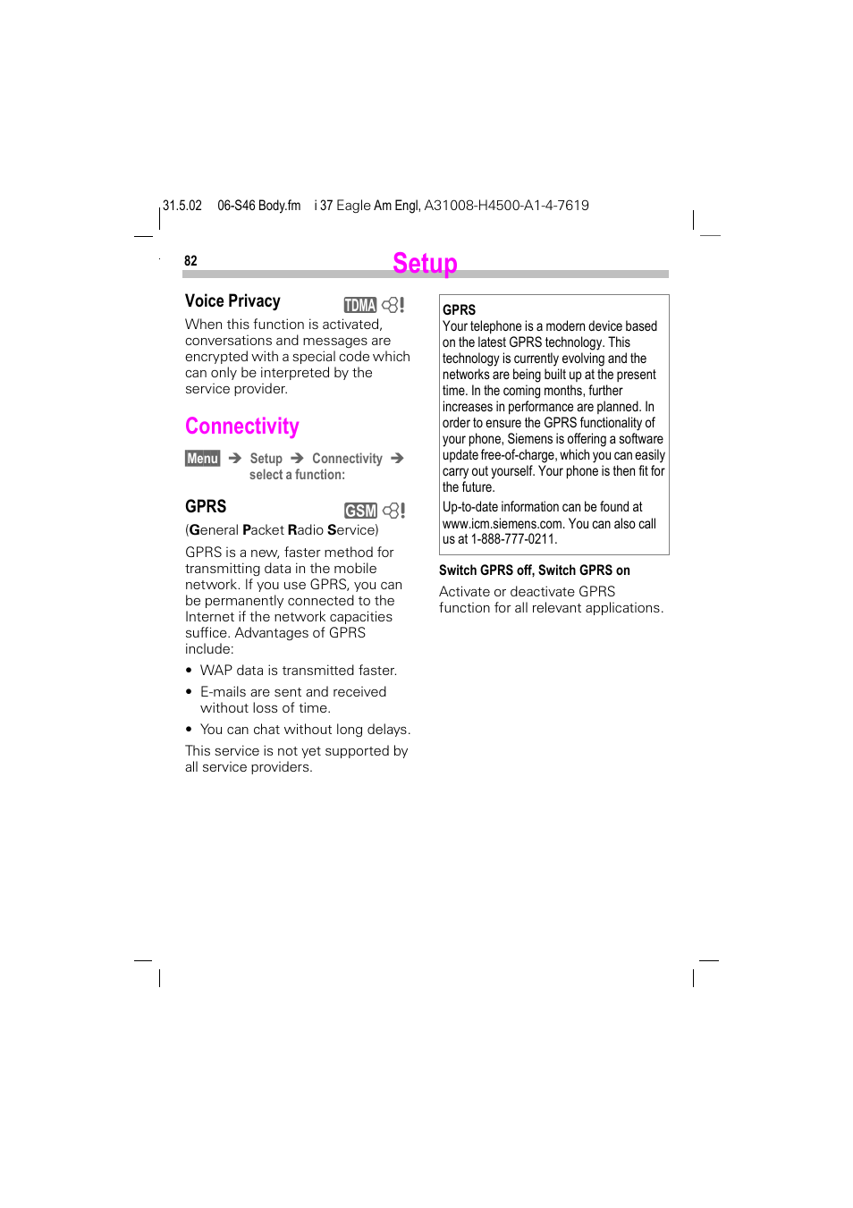 Connectivity, Setup | Siemens GSM 900 User Manual | Page 87 / 115