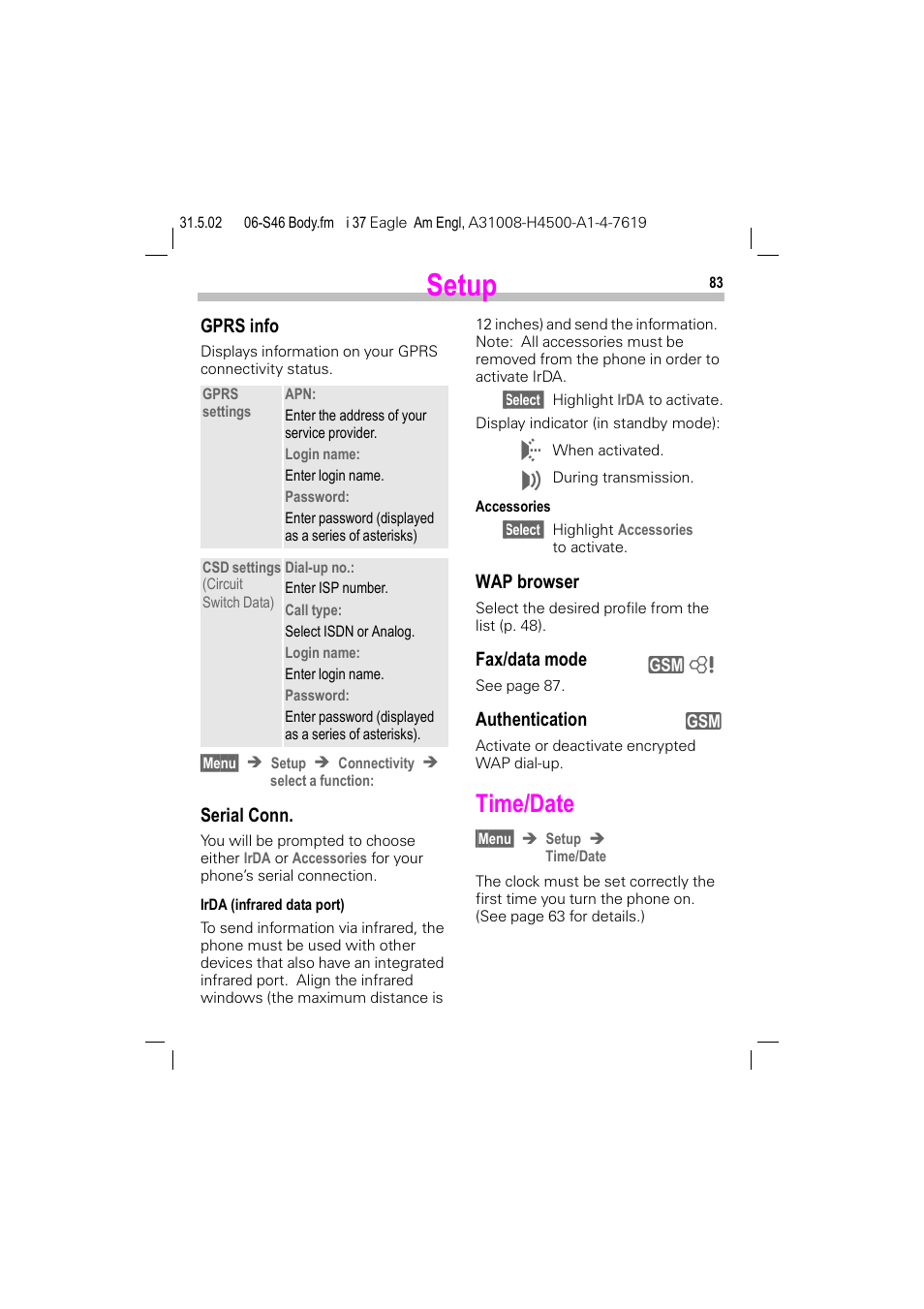 Time/date, Clock, P. 83) | P. 83, Setup, Gprs info, Serial conn, Wap browser, Fax/data mode, Authentication | Siemens GSM 900 User Manual | Page 88 / 115