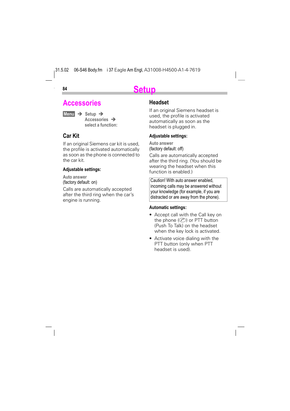 Accessories, Setup, Car kit | Headset | Siemens GSM 900 User Manual | Page 89 / 115