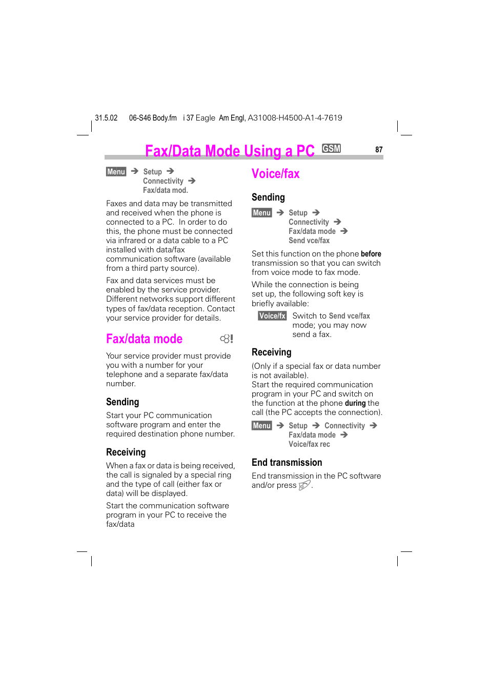 Fax/data mode using a pc, Fax/data mode, Voice/fax | Siemens GSM 900 User Manual | Page 92 / 115