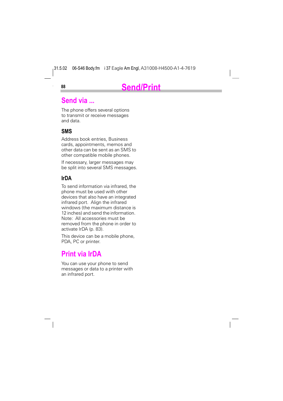 Send/print, P. 88), Send via | Print via irda | Siemens GSM 900 User Manual | Page 93 / 115