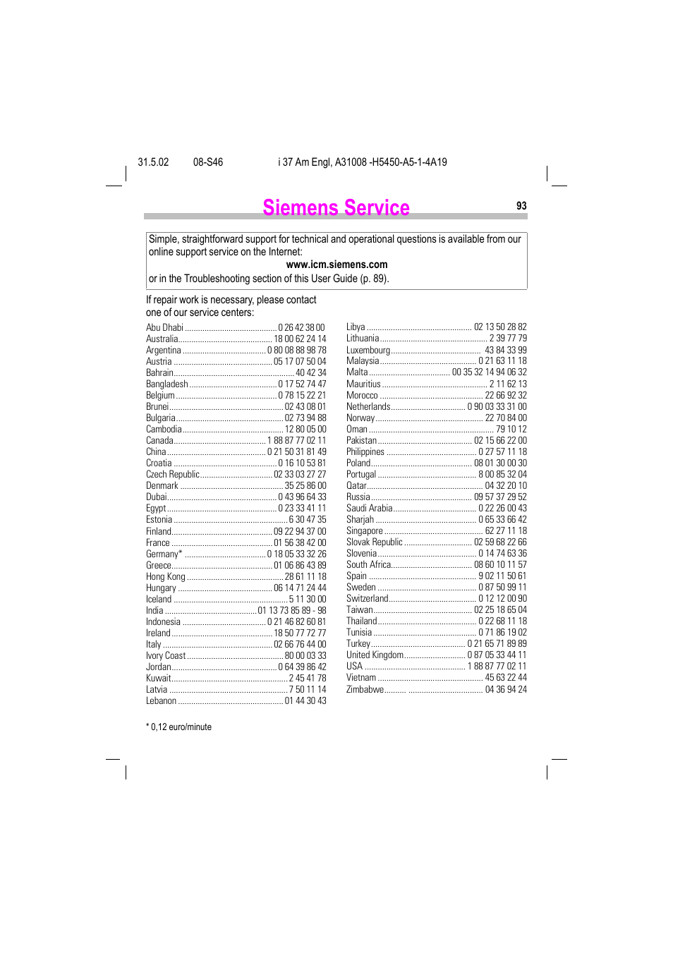 Siemens service, Rvice (p. 93) | Siemens GSM 900 User Manual | Page 98 / 115