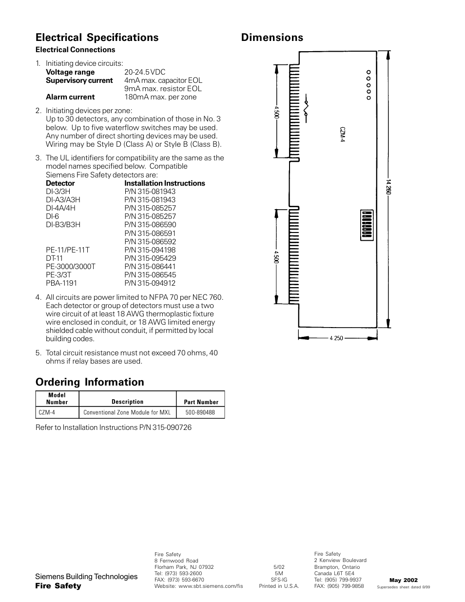 Electrical specifications, Ordering information dimensions | Siemens CZM-4 User Manual | Page 2 / 2