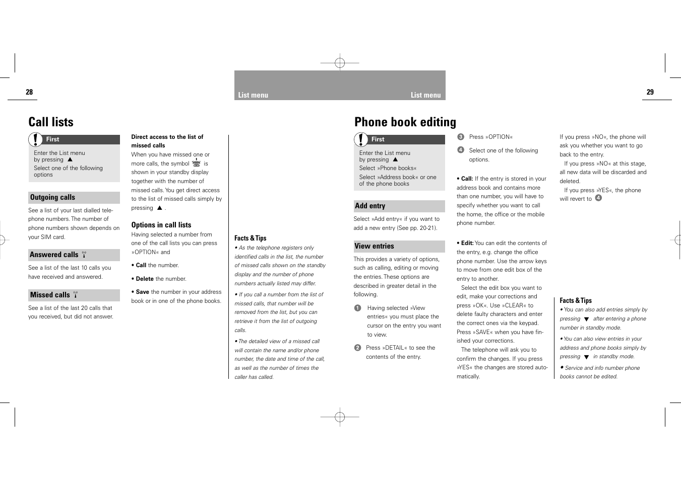 Call lists, Phone book editing | Siemens S40 User Manual | Page 16 / 50