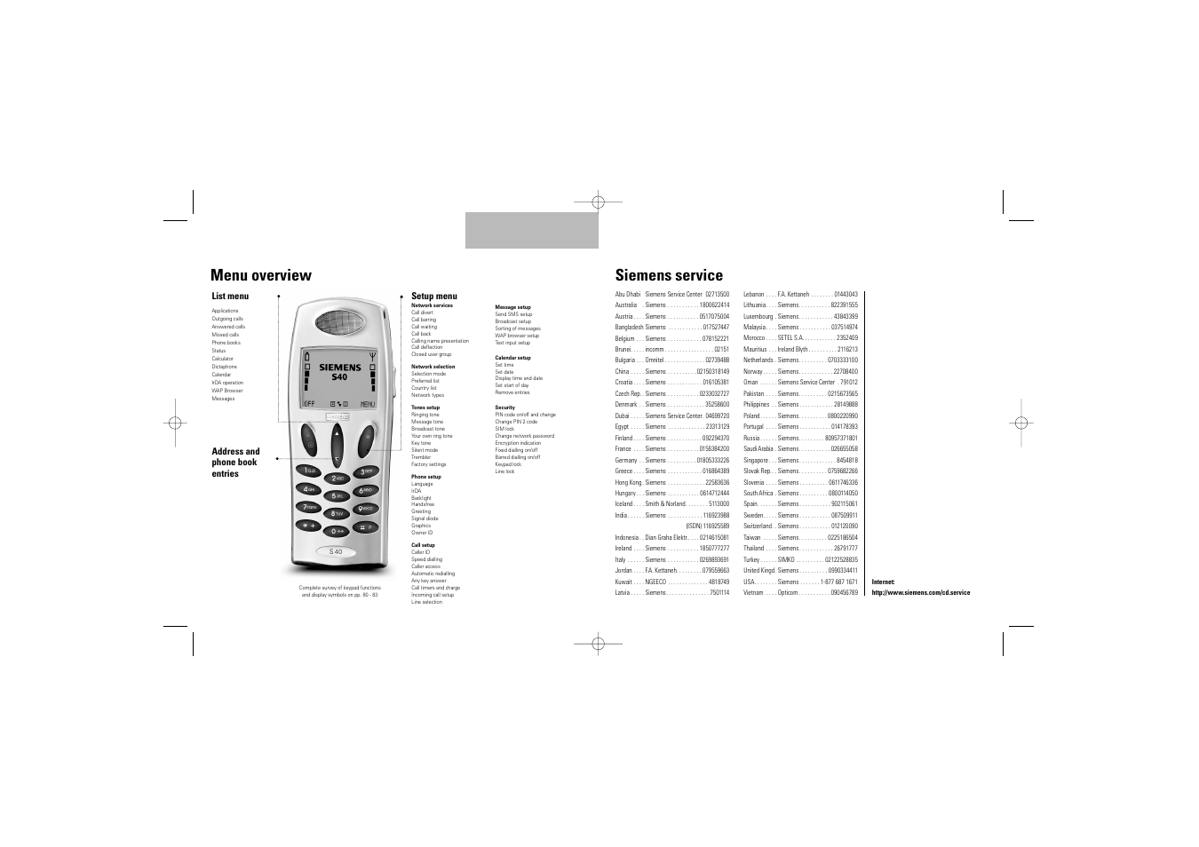 Siemens service, Menu overview | Siemens S40 User Manual | Page 2 / 50