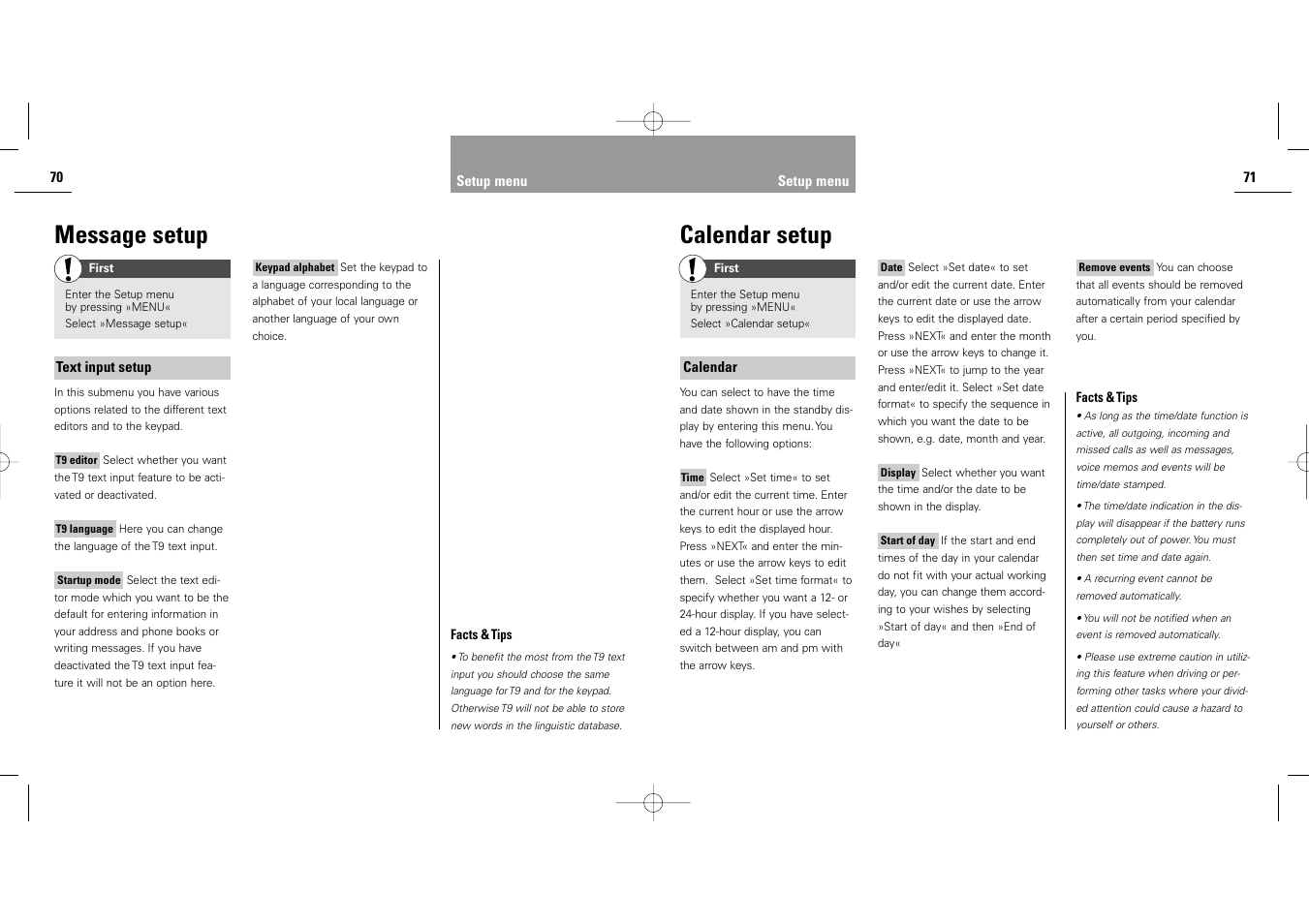 Calendar setup, Message setup | Siemens S40 User Manual | Page 37 / 50