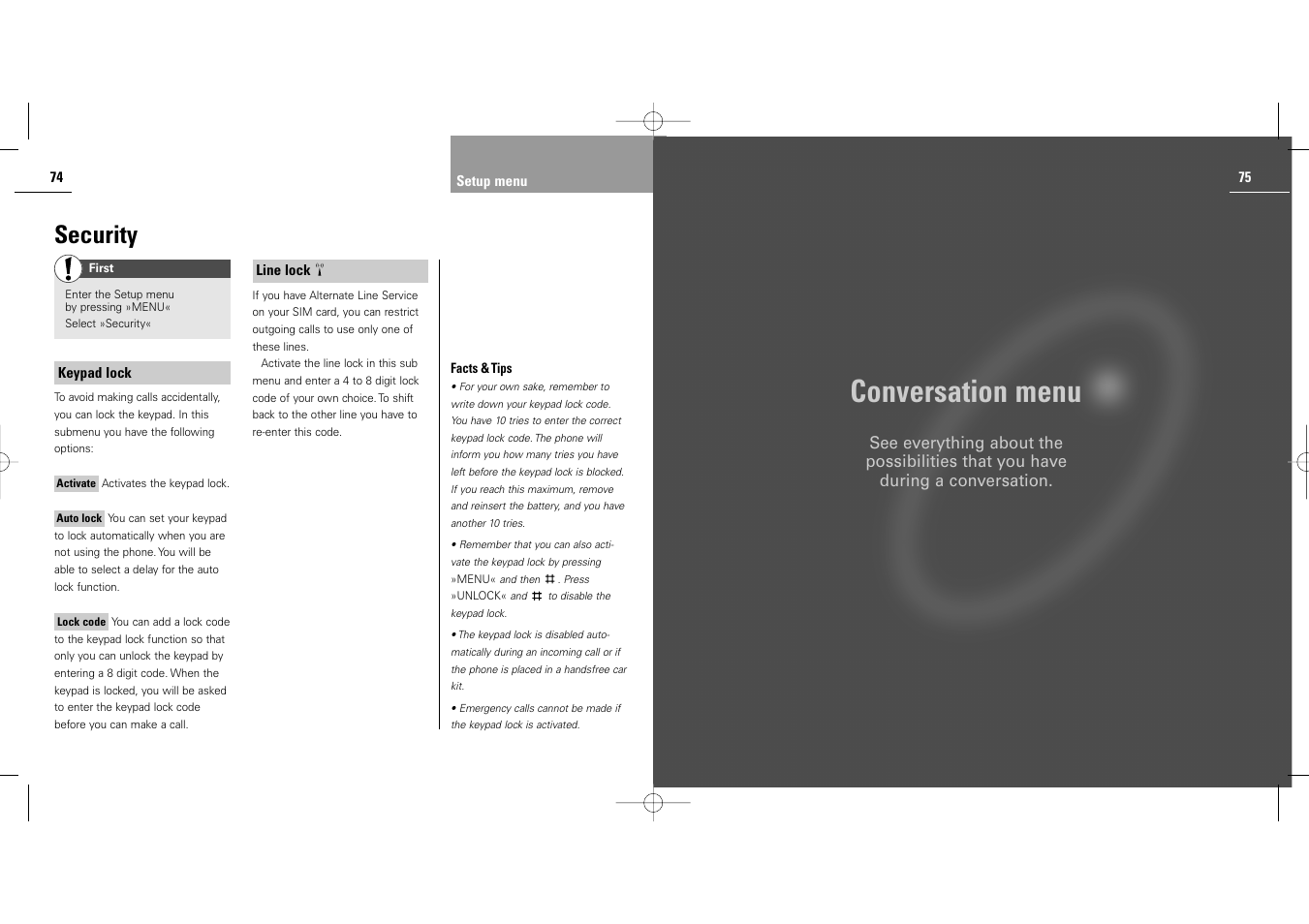 Conversation menu, Security | Siemens S40 User Manual | Page 39 / 50