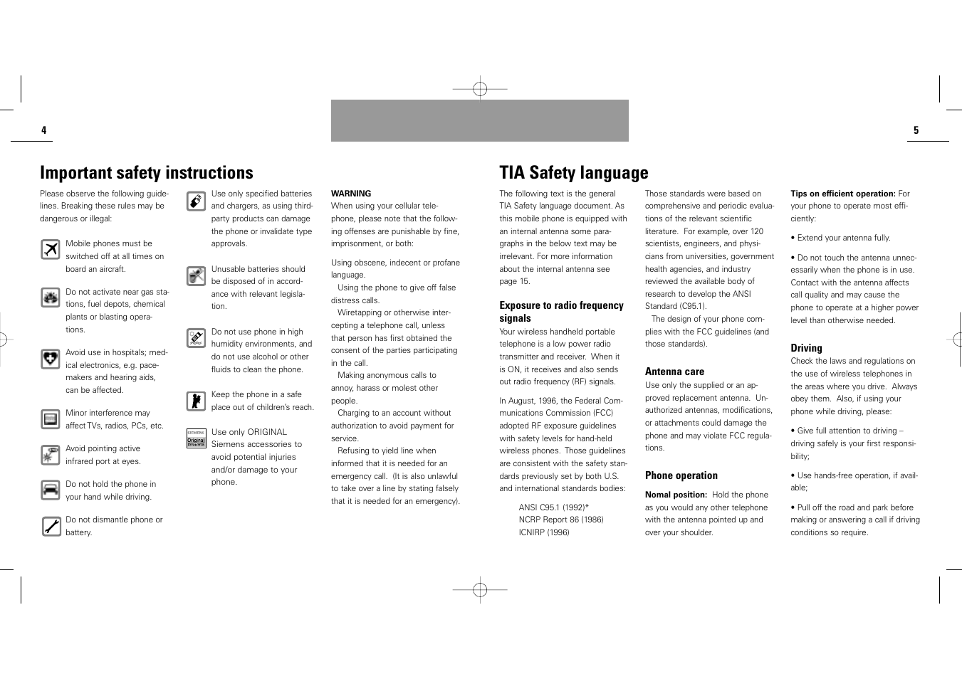 Important safety instructions, Tia safety language | Siemens S40 User Manual | Page 4 / 50