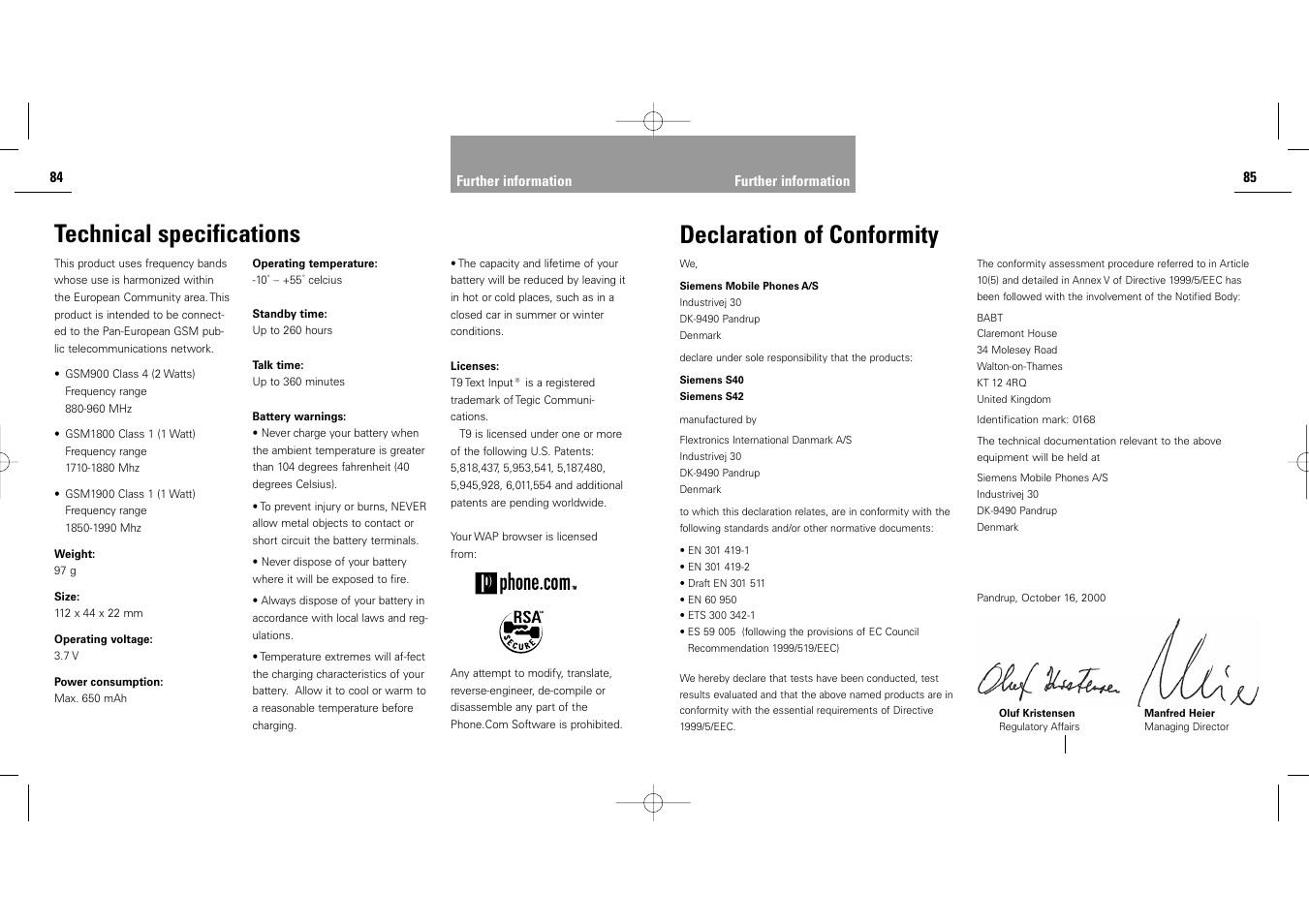 Technical specifications, Declaration of conformity | Siemens S40 User Manual | Page 44 / 50