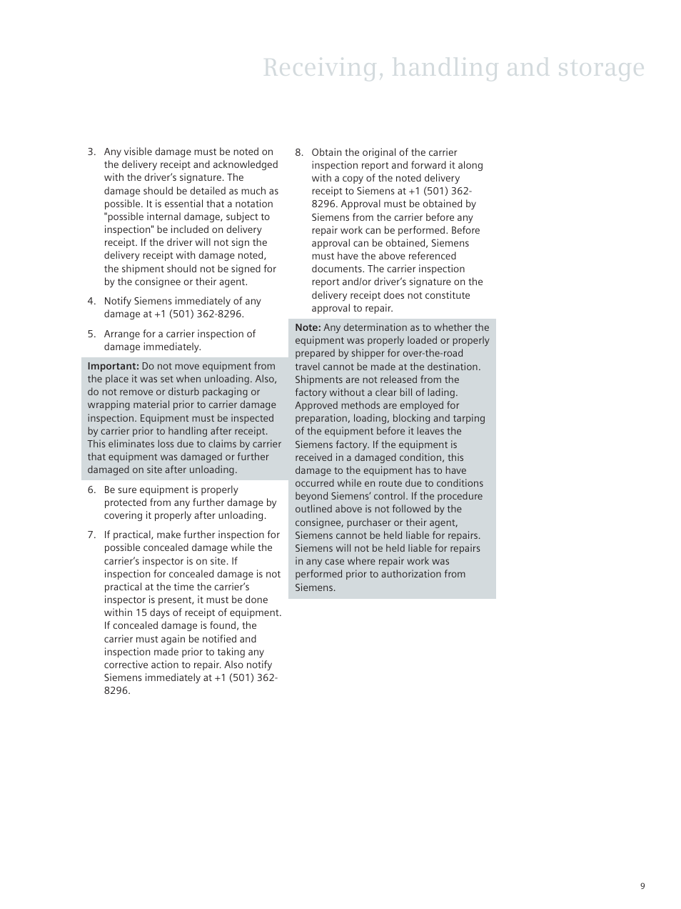 Receiving, handling and storage | Siemens Type Vector E50001-F710-A420-X-4A00 User Manual | Page 9 / 18