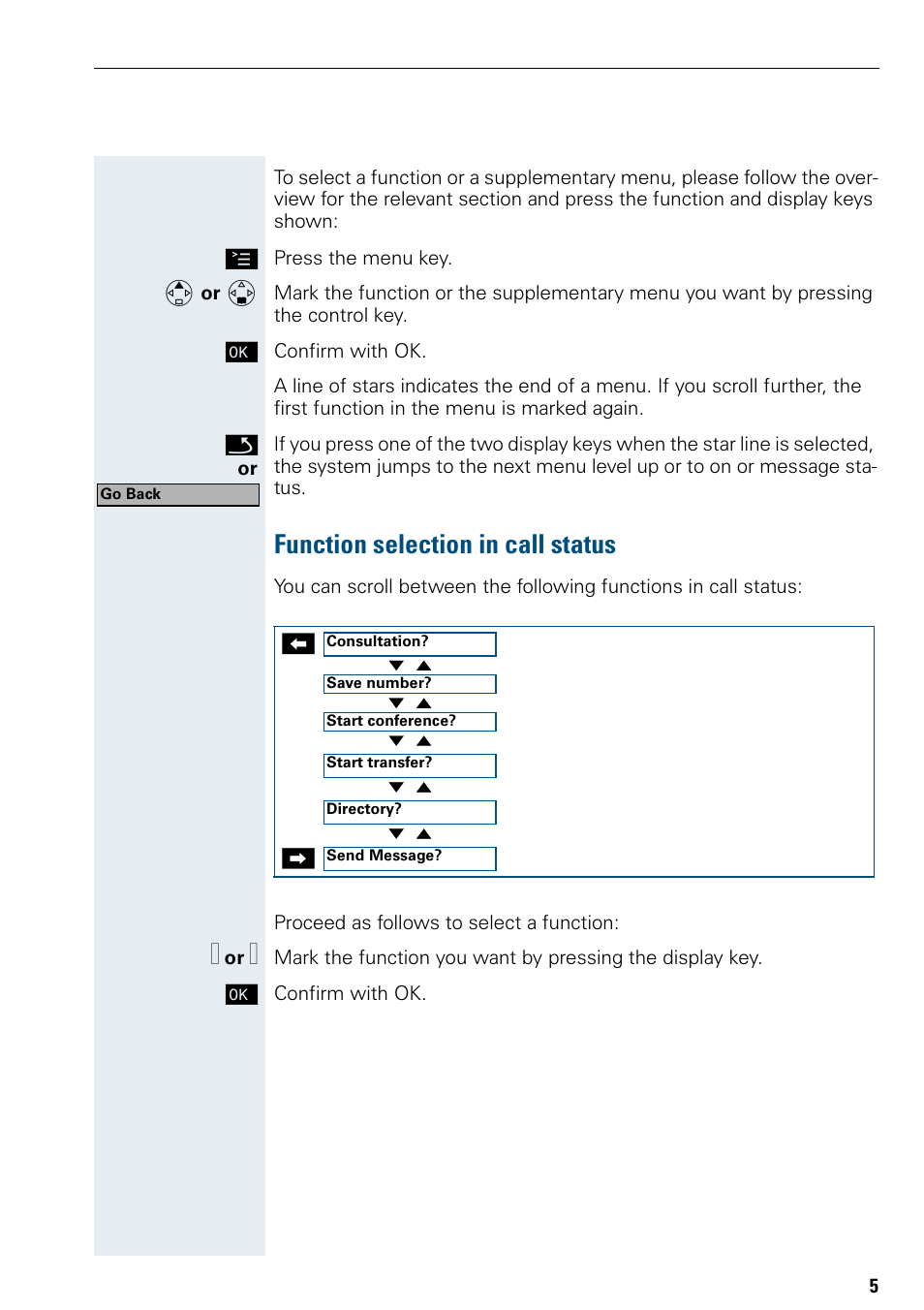 Function selection in call status | Siemens Hicom 150 E User Manual | Page 13 / 66