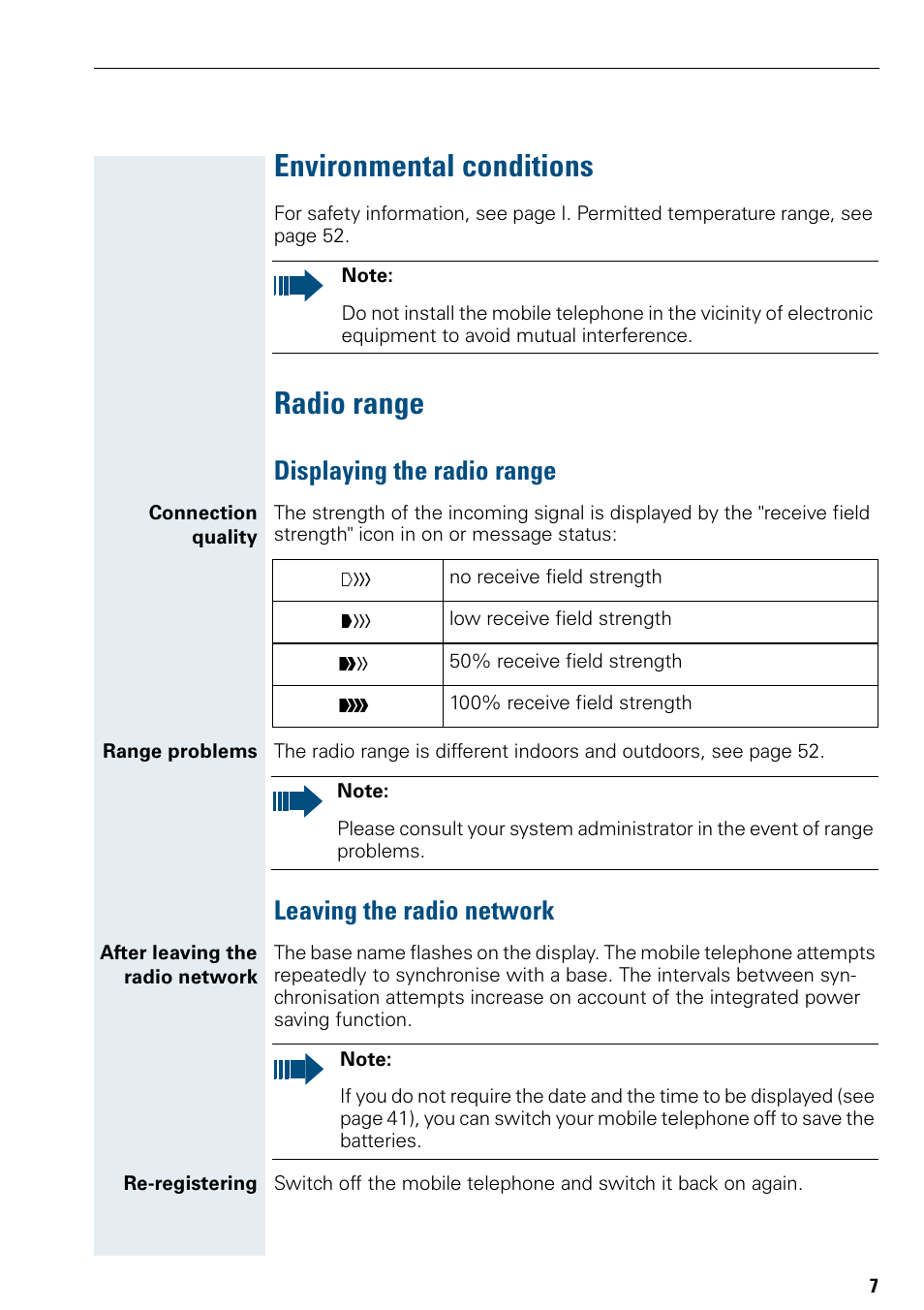 Environmental conditions, Radio range, Displaying the radio range | Leaving the radio network | Siemens Hicom 150 E User Manual | Page 15 / 66