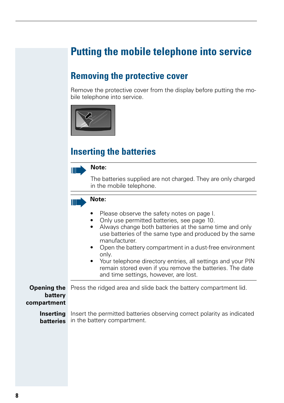 Putting the mobile telephone into service, Removing the protective cover, Inserting the batteries | Siemens Hicom 150 E User Manual | Page 16 / 66