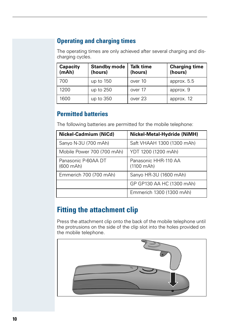 Operating and charging times, Permitted batteries, Fitting the attachment clip | Siemens Hicom 150 E User Manual | Page 18 / 66