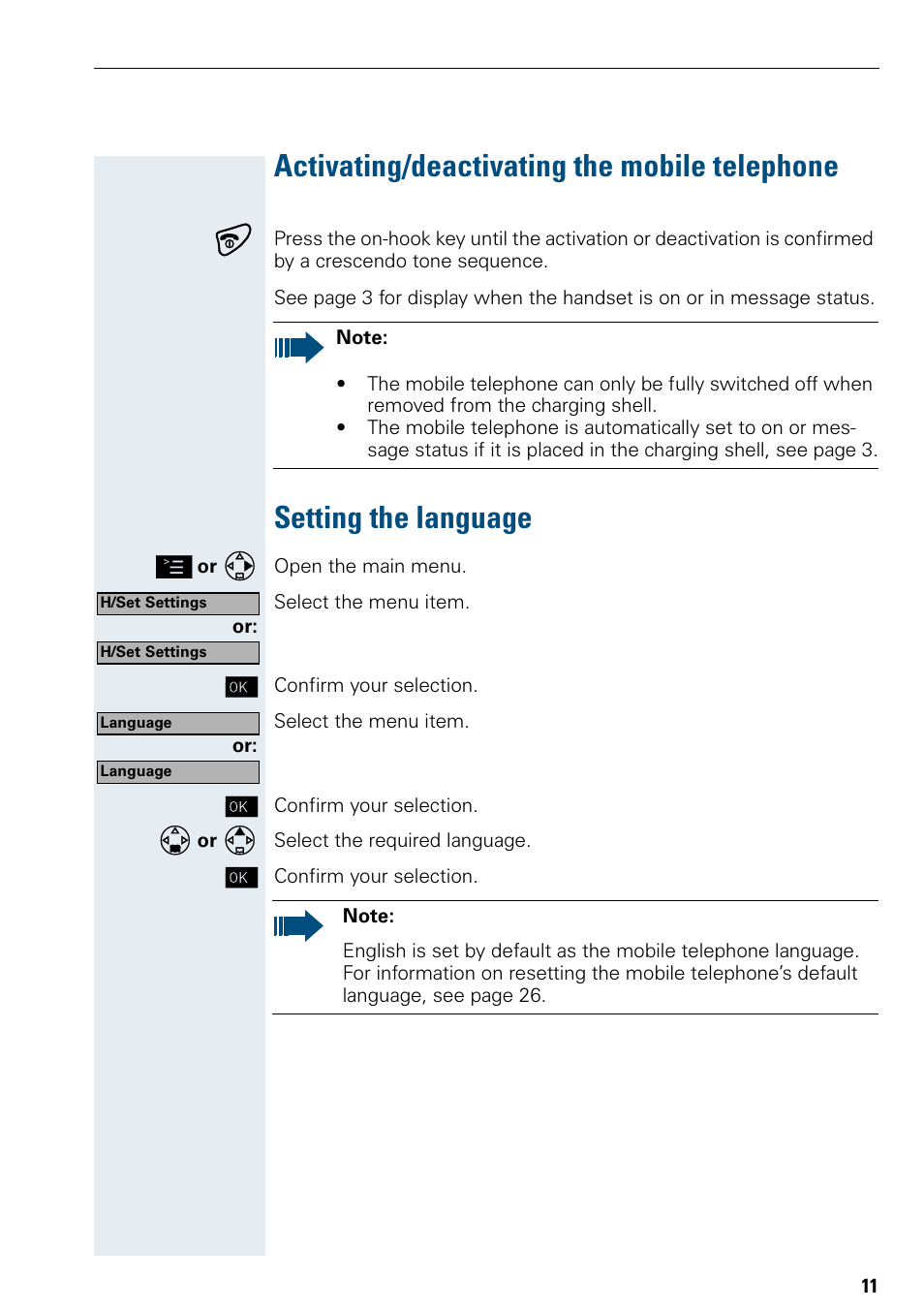 Activating/deactivating the mobile telephone, Setting the language | Siemens Hicom 150 E User Manual | Page 19 / 66