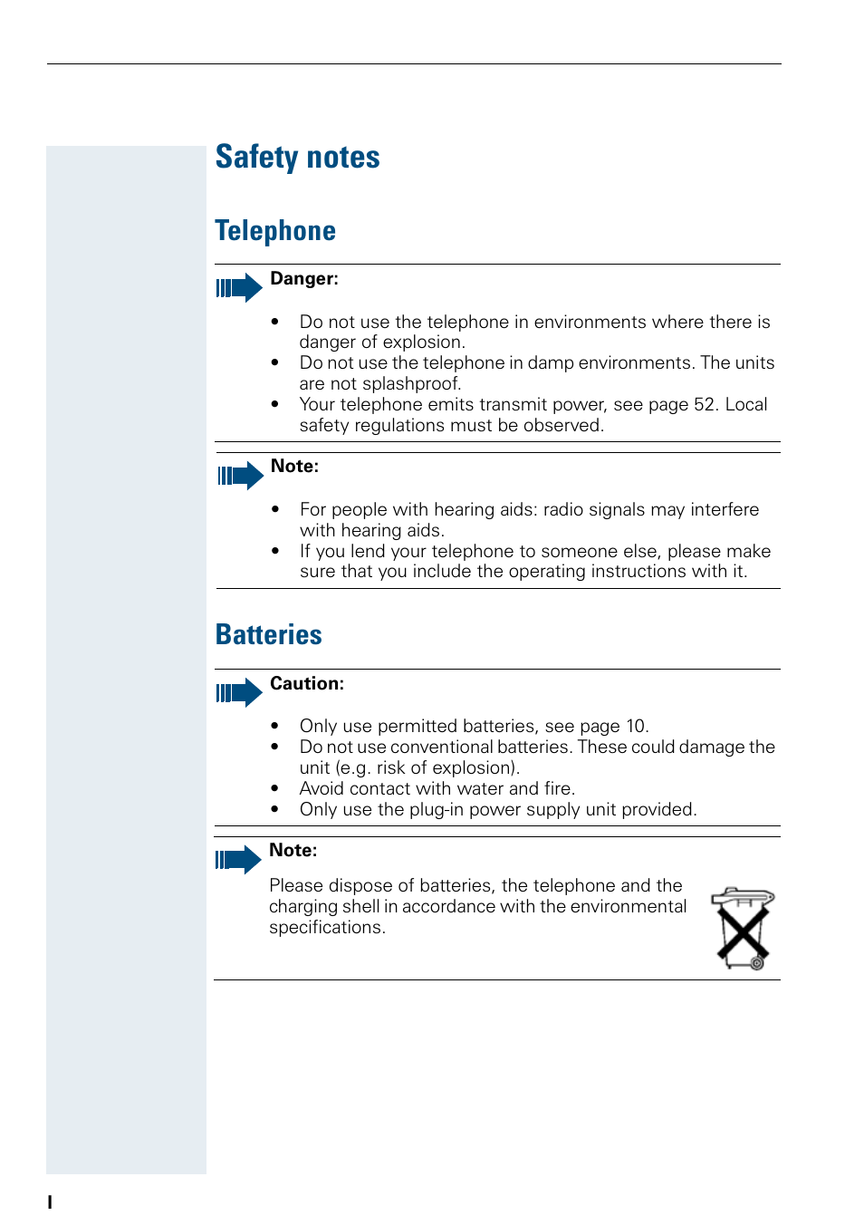 Safety notes, Telephone, Batteries | Telephone batteries | Siemens Hicom 150 E User Manual | Page 2 / 66