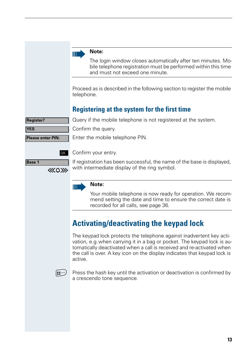 Registering at the system for the first time, Activating/deactivating the keypad lock | Siemens Hicom 150 E User Manual | Page 21 / 66