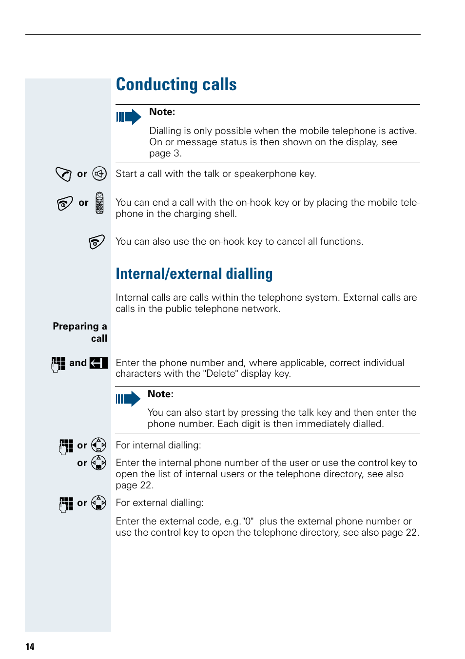 Conducting calls, Internal/external dialling | Siemens Hicom 150 E User Manual | Page 22 / 66