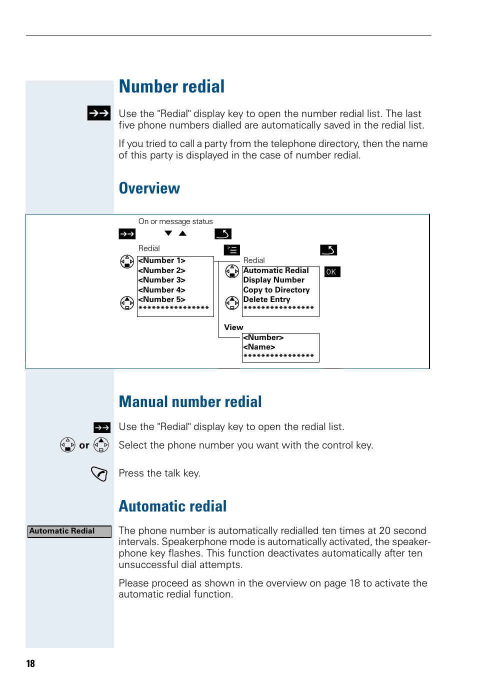 Number redial, Overview, Manual number redial | Automatic redial, Overview manual number redial | Siemens Hicom 150 E User Manual | Page 26 / 66