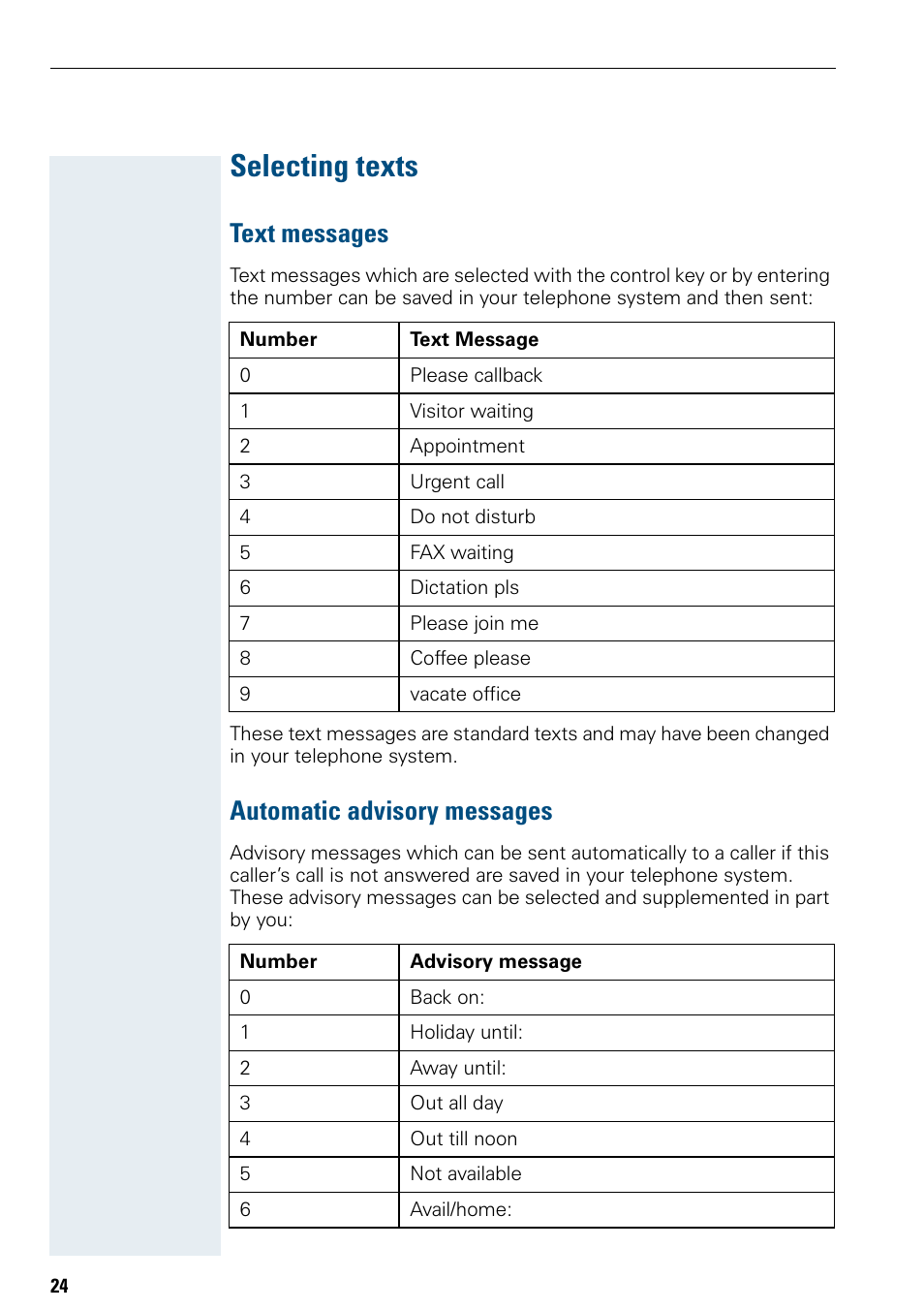 Selecting texts, Text messages, Automatic advisory messages | Siemens Hicom 150 E User Manual | Page 32 / 66