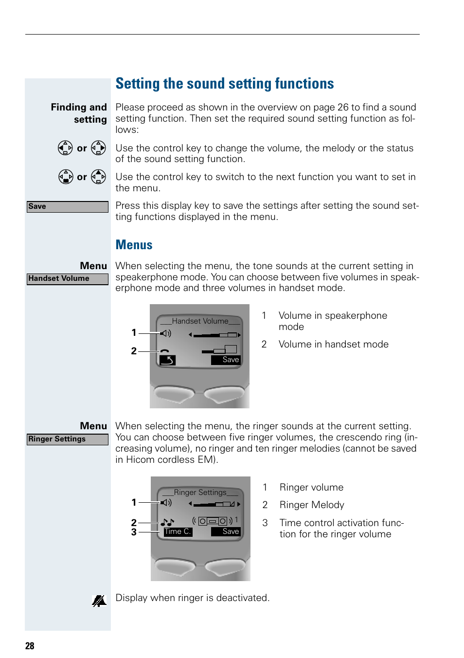 Setting the sound setting functions, Menus | Siemens Hicom 150 E User Manual | Page 36 / 66