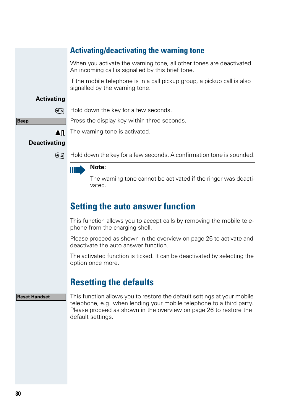 Activating/deactivating the warning tone, Setting the auto answer function, Resetting the defaults | Siemens Hicom 150 E User Manual | Page 38 / 66