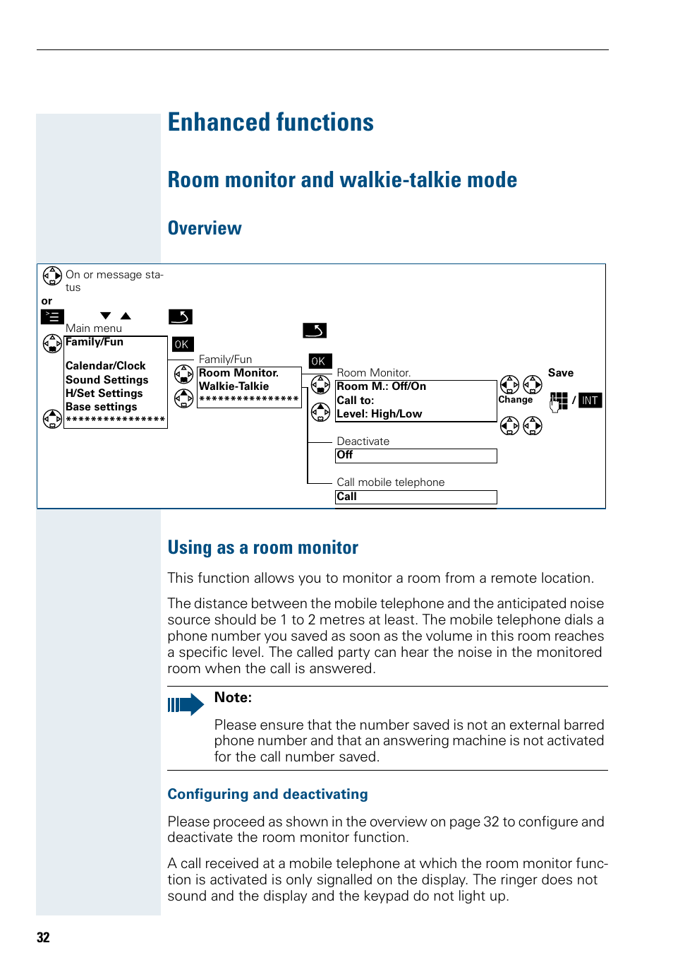Enhanced functions, Room monitor and walkie-talkie mode, Overview | Using as a room monitor, Configuring and deactivating, Overview using as a room monitor | Siemens Hicom 150 E User Manual | Page 40 / 66