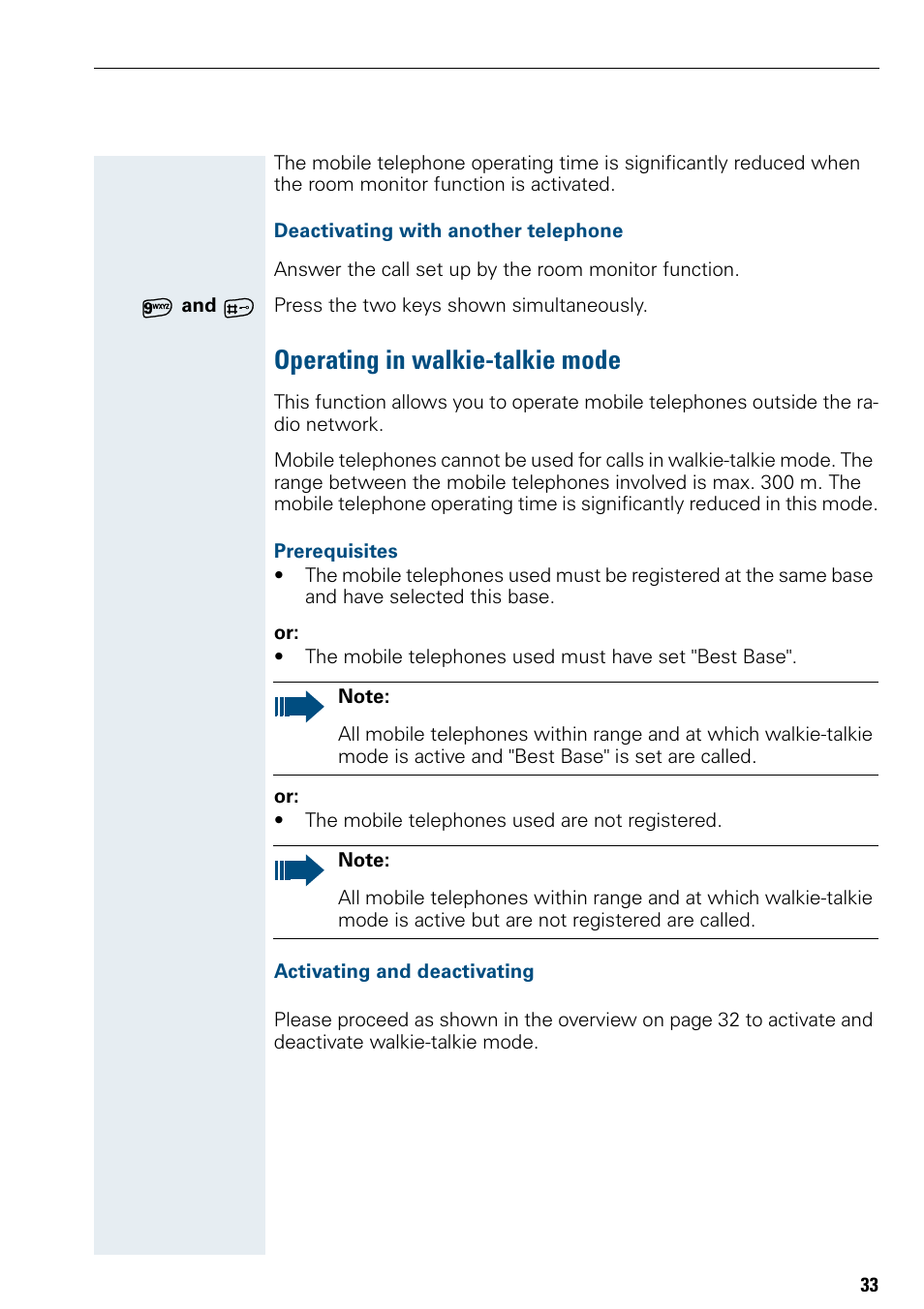 Deactivating with another telephone, Operating in walkie-talkie mode, Prerequisites | Activating and deactivating | Siemens Hicom 150 E User Manual | Page 41 / 66