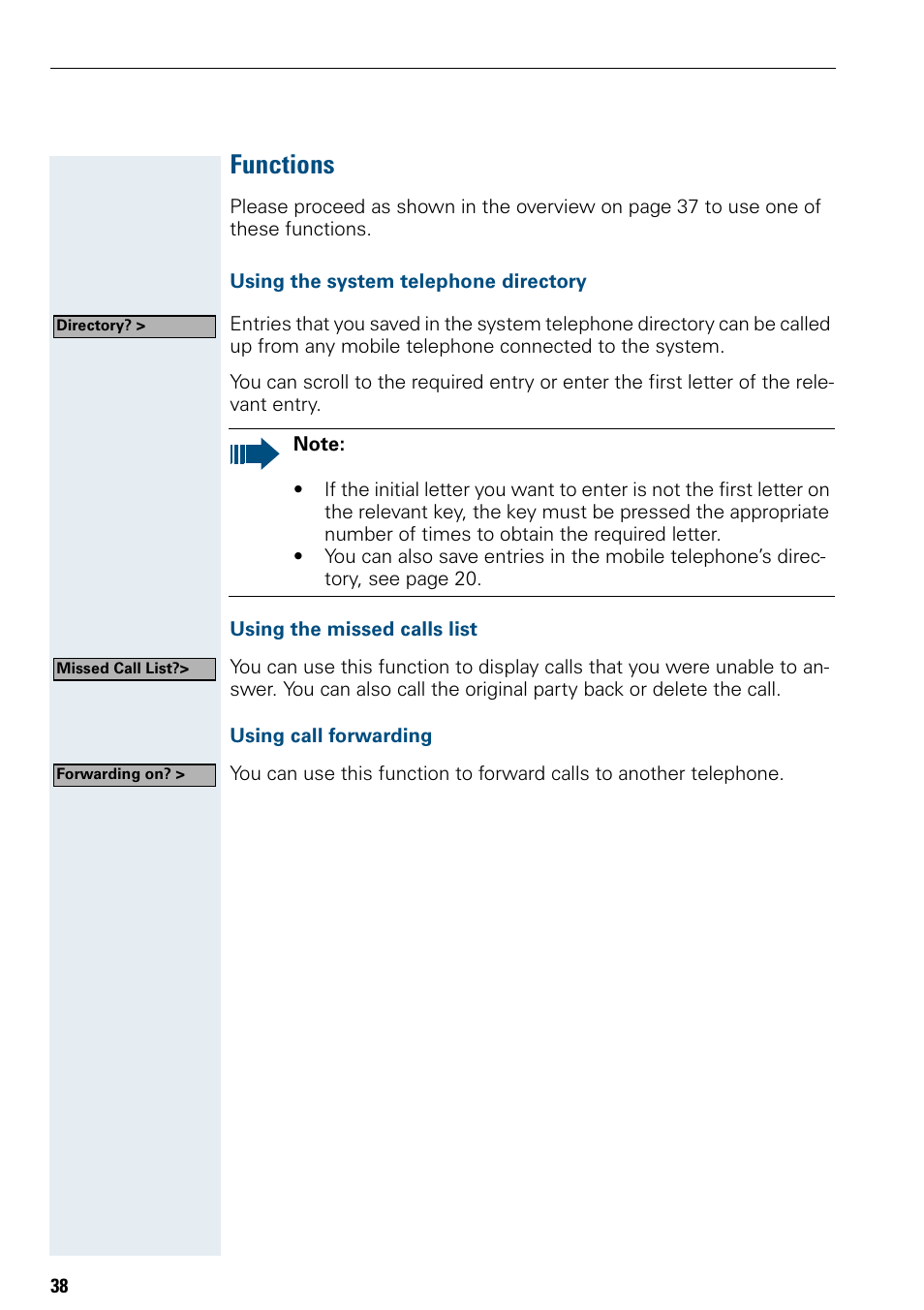 Functions, Using the system telephone directory, Using the missed calls list | Using call forwarding | Siemens Hicom 150 E User Manual | Page 46 / 66