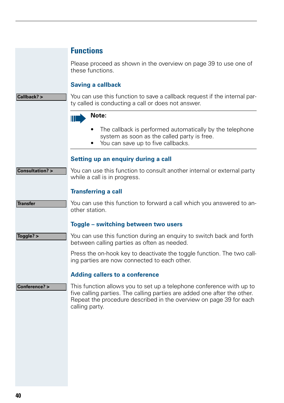 Functions, Saving a callback, Setting up an enquiry during a call | Transferring a call, Toggle – switching between two users, Adding callers to a conference | Siemens Hicom 150 E User Manual | Page 48 / 66